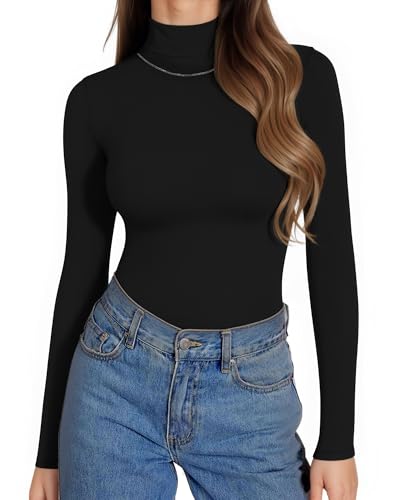 Image of ALGALAROUND Womens Tops Long Sleeve Turtle Neck Shirt Ladies Shirts Slim Fit Basic Plain Roll Neck T Shirts Underwear Tight Top Tee Black L