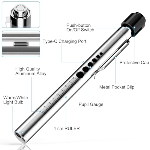 RISEMART Pen Light for Nurse, Rechargeable LED Medical Pen Light, Warm&White Light, Portable Medical PenLight with Pupil Gauge for Nurse, Doctor, First Aid, EMT, Nursing,Nursing Student Silver - Thumbnail 5
