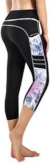 Neonysweets Women's Capri Workout Leggings with Pocket Running Yoga Pants Black/Printed L