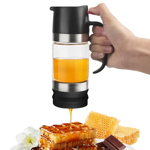 YIYOBEATFO Glass Honey Dispenser,10 OZ Honey Pot with Handle,No Drip Honey Container Jar,Maple Syrup Dispenser,Ideal for Honey and Syrup,Black base