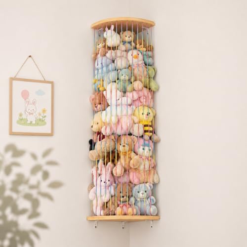 Corner Hammock Shelf with Adjustable Length, Wooden Hanging Wall Storage Organizer, Space Saving Net Shelf for Bedroom, Playroom and Home Décor