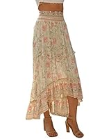 R.Vivimos Women's Floral Print Cotton Ruffled High Low Boho Midi Skirt (Large, Beige)