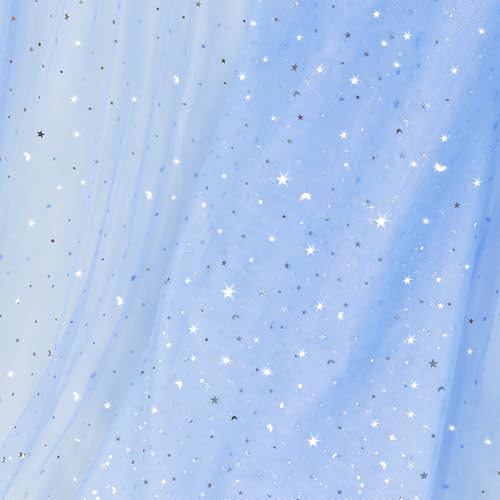 Homiest 10 Yards Glitter Tulle, Star Moon Sequin, 54" Wide Light Blue
