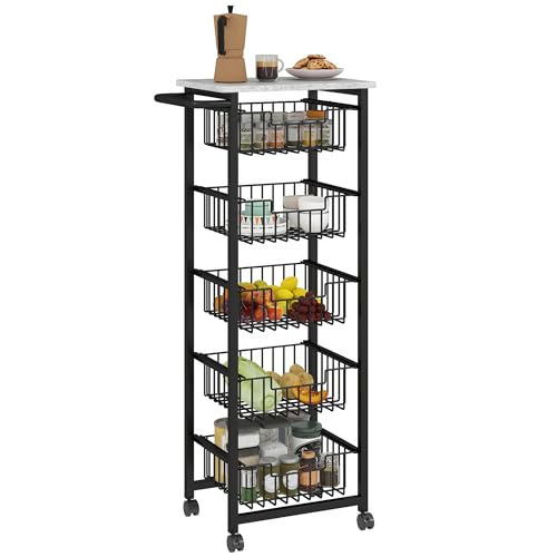 HOMCOM 5-Tier Kitchen Trolley on Wheels Vegetable Storage Rack with Marble-Effect Top Lockable Wheels & Pull-Out Mesh Baskets Mobile Organizer for Kitchen Pantry Office Light Grey