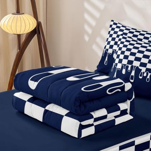 Image of Navy Blue White Checkered Complete Zip Up Bedding Set Full,4 Piece Checkerboard Drip Comforter Kit with Fitted Sheet & Pillowcases,Y2K Aesthetic Geometric All Season Bed in a Bag for Boys Girls