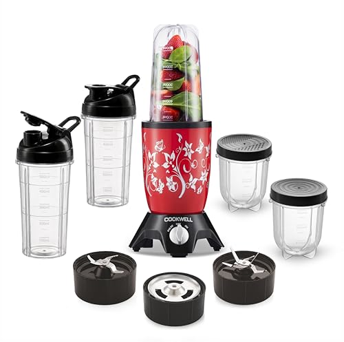 Cookwell Bullet Mixer Grinder (5 Jars, 3 Blades, Red) - Copper, 600 Watts - 2 Years Warranty
