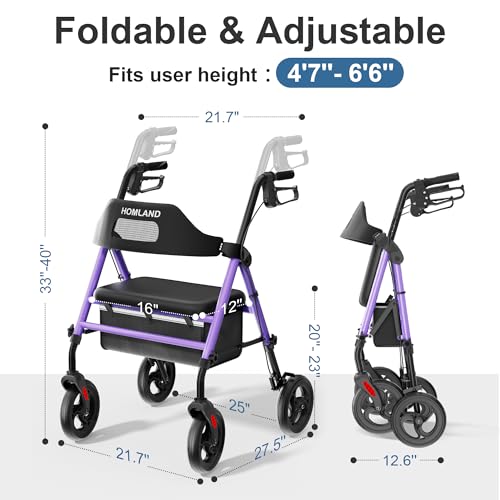 Image of HOMLAND Foldable Rollator Walker with Seat for Seniors, 16 inch Enlarged Seat