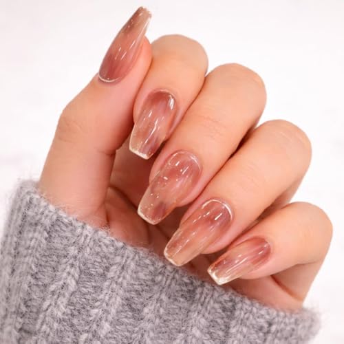 Image of 24 Pcs Reusable Artificial Nails Fake Nails with Glue and Kit|Cocoa Glass Jelly Finish Press On Nails | ABS Material UV Protected Long Lasting Finish |Medium Coffin Nails salon fresh look