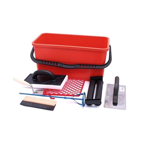 Professional Tiling Tool Set, 22L Bucket with Grid, 6 Piece Kit Including Trowels, Grout Float, Mixer