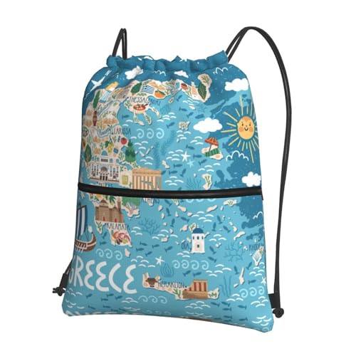 Greece Map Drawstring Gym Bag Sports String Backpack For Beach Picnic, Family Outing