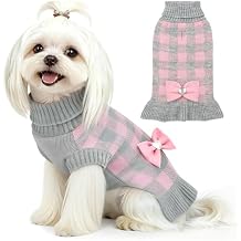 YUDODO Small Dog Sweater Dress Puppy Sweaters Knitwear with Bowtie Pet Turtleneck Plaid Warm Clothes for Small Dogs Girls Leash Hole Pink S