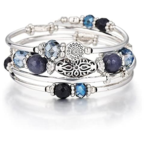 FULU AUTUMN Stackable Beaded Bracelets for Women Boho Wrap Silver Bracelet Layered Fashion Jewelry Gifts for Her(Blue) Cover
