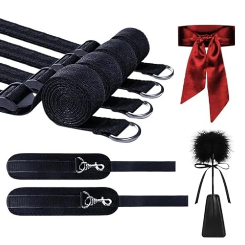 Image of Sex Bondage BDSM Bed Restraints, Couples Sex Toys 75'' Bondage Sex Straps Restraints Set Adjustable with Handcuffs Blindfold Tickler, BDSM Kit Couple Adult Toy