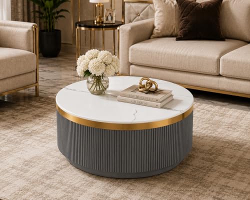 Image of Modern Round Centre Table - 76x76x46 cm | White Marble Top with Gold Accent Strip & Charcoal Louvers | Luxury Coffee & Tea Table for Living Room, Lounge & Entryway (Grey)