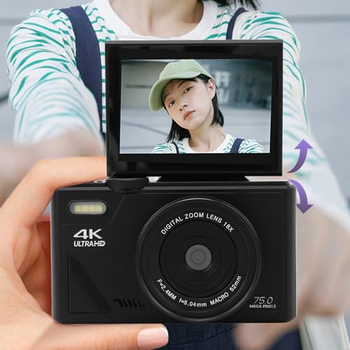 Cámara Digital de 5k, Cámara de Vlogging de 75MP, con Zoom de 18x, Pantalla de Flip de 3 Pulgadas, Cámara Compacta HD, para Fotografía de Viaje (Black)