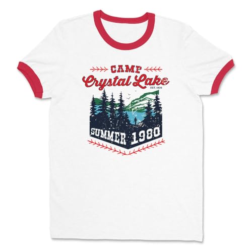 TeesAndTankYou Camp Crystal Lake Ringer Tee Shirt Unisex Medium White/Red