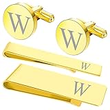 BodyJ4You 4PC Cufflinks, Tie Bar, Money Clip - Initial W Engraving Alphabet Letter - Mirror Polished Goldtone Steel Jewelry Set - Men's Cuff Links Shirt Formal Suit - Fathers Day Wedding Groom