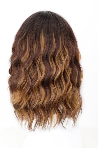Image of AISI HAIR Curly Bob Wig with Bangs Ombre Brown Mix Blonde Color Short Wavy Wigs for Women Bob Style Synthetic Heat Resistant Bob Wigs