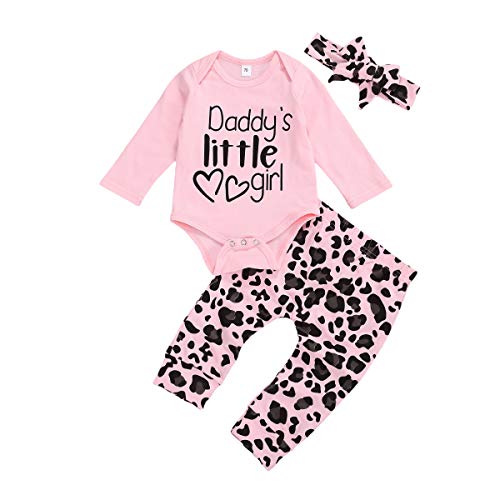 Image of ClickMeForMoreProducts Daddy's Little Girl Newborn Baby Girl Clothes Long Sleeve Romper Leopard Pants Headband 3 Piece Outfits Set (Pink A, 0-3 Months)
