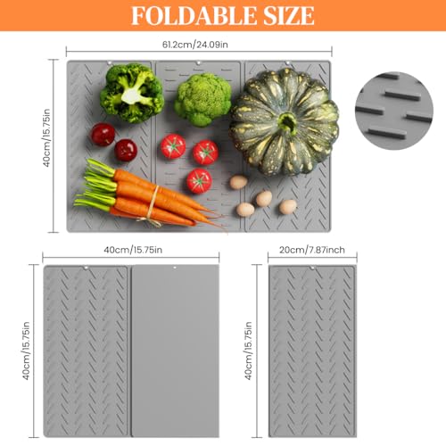 Image of Supvox Kitchen Dry Mat Triple Fold Silicone Utility Mat Grooved Surface Dry Mat Dishes Drain Mat Heat Resistant Countertop Protector Mat Anti-slip Silicone Table Mat with Hanging Hole, 24x16in