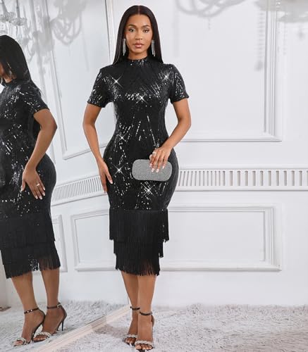 Image of Cololura Sexy Elegant Women Sequin Long Sleeve Tassel Bodycon Midi Dress Party Evening Gown Formal Dress