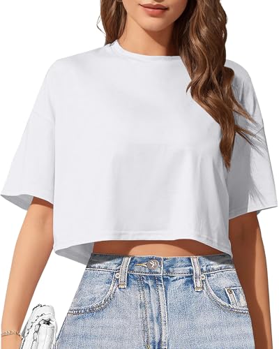 Women's Basics Crop Top Drop Shoulder T Shirt Half Sleeve Cropped Tee Crewneck Cropped T-Shirts Short Sleeve Crop Tops Casual Summer Solid Crop Tops A-White