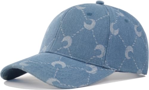 TSSGBL Fashion Moon Pattern Blue Plaid Denim Baseball Cap for Men Women - Adjustable Vintage Flannel Style Cotton Structured Crown Jean Checkered Ball Cap