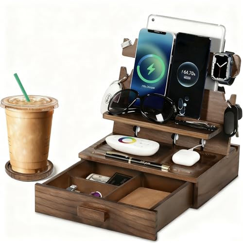 Docking station in legno per cellulare con cassetti, compatibile con Apple - Stazione di ricarica in legno rack di stoccaggio, comodino da uomo rack di stoccaggio per cellulare, chiavi