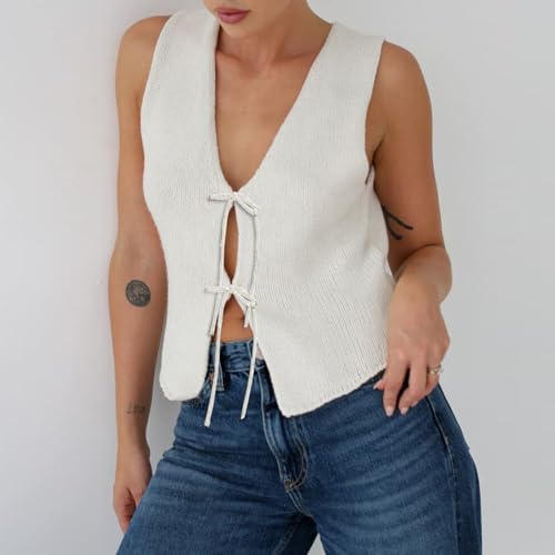 Women's Knit Tank Tops V Neck Open Front Tie Up Crop Top Sexy Sleeveless Summer Knit Vest Casual Streetwear3
