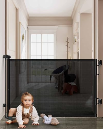 Cumbor Retractable Baby Gates for Stairs, Extends up to 55" Wide Mesh Dog Gate for The House, 34" Tall Safety Child Gates for Doorways Hallways,Pet Gate Indoor & Outdoor,2 Set of Accessories, Black