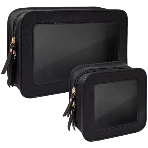 Clear Makeup Bag Set for Women Portable Clear Makeup Bag Cute Waterproof Travel Cosmetic Bag Travel Essentials Car Accessories for Women Men(Black, Standard + Mini)