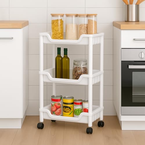 Carrinho Organizador Multiuso com 3 Andares, Branco, ABS, 69x40x22cm, Rodinhas 360°, Suporta 30kg, para Casa, Cozinha, Banheiro, Lavanderia