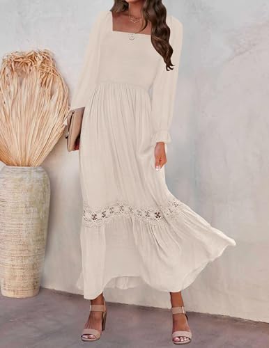 ZESICA Women's 2025 Boho Long Sleeve Square Neck Smocked High Waist Flowy A Line Lace Trim Maxi Dress3