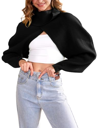 Wyeysyt Bolero Sweater for Women Turtleneck Cropped Knit Shrug Long Sleeve Open Front Backless Pullover Y2K Tops(Black-L)