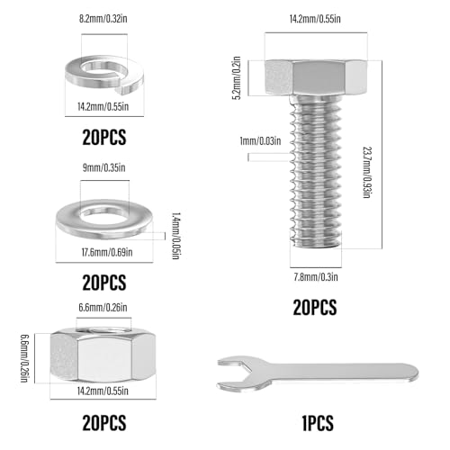 Image of 20PCS 5 /16-18 x 3 /4 inch 304 Stainless Steel External Hex Bolt, Fully Threaded Bolt with Nut Flat & Lock Washers and Spanner