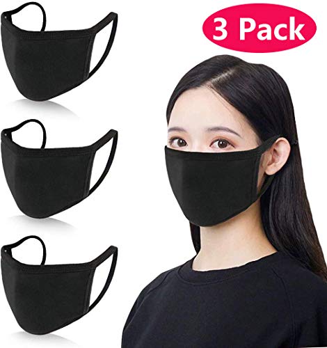UNIME 3 Pcs Fashion Protective Face Masks, Unisex Black Dust Cotton Mouth Masks, Washable, Reusable Masks