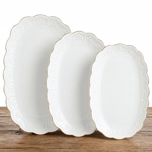 Kassel Ceramic Serving Platter Set | 14”/12”/10” Oval Serving Trays for Entertaining at Parties and Weddings | Oven Safe Large Serving Trays for Tacos, Steak, and Cake
