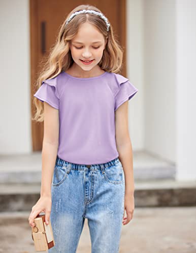 Image of Girls T Shirts Ruffle Short Sleeve Round Neck Loose Blouse Summer Solid Color Casual Girl Tee Tops for 3-12 Years