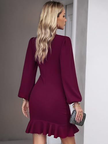 Image of Spicy Sandia Women Ruched Bodycon Cocktail Formal Mini Dress Elegant Ruffled Lantern Sleeve Business Work Banquet Tulip Dress
