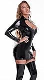 FEOYA Womens Latex Catsuit Dress Sexy Costume Shiny Wet Look Bodysuit with Sleeve Sexy Metallic Catsuit Tight Stretch PVC Outfits Black M