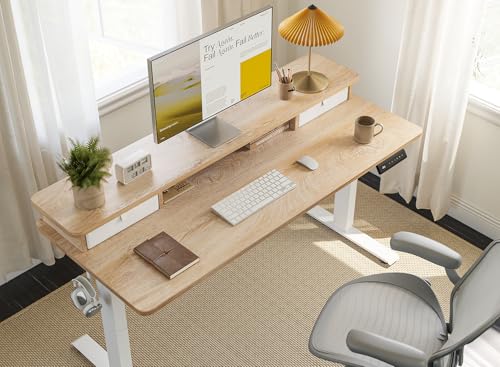 Image of FEZIBO 63 x 28 Inch Deeper Height Adjustable Electric Standing Desk with Double Drawers, Sit Stand Up, Home Office Computer Desk with 4 Height-Adjustable Feets & 2 Hooks, White Frame /Maple Top