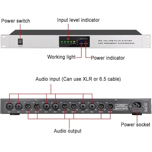 Supresor de retroalimentación profesional con desplazamiento de frecuencia antiultrasonidos, 9 niveles de intensidad de inhibición, supresión automática de ultrasónidos, para escenarios en vivo, estudios de grabación y bares miniatura 7