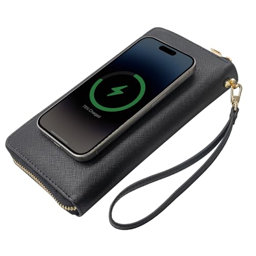 RFID Blocking Wallet for Women, Slim Wallet for Women with Wireless Charging & Built-in Power Bank,Travel Wallet – A Brilliant Gift Choice, Vegan Leather Clutch Wallet with Zip, Hand Strap