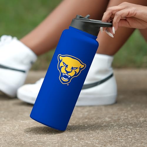 Image of Logo Brands NCAA Pittsburgh Panthers 34 oz Stainless Steel Quencher Bottle - Team Color, Straw Included, No-Spill Lid, Easy Carry Handle - Keeps Drinks Cold For Hours