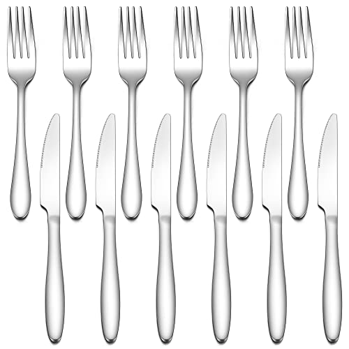 Herogo Juego de cuchillos para carne, 12 piezas de acero inoxidable y tenedor para carne para 6 personas, elegante juego de cuchillos de mesa para casa/fiesta/restaurante