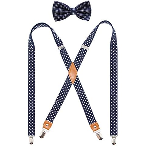 Timiot Mens Suspender and Bowtie Set X Back Heavy Duty Adjustable Elastic Clips Perfect For Work &Casual (Navy Polka Dot) Cover