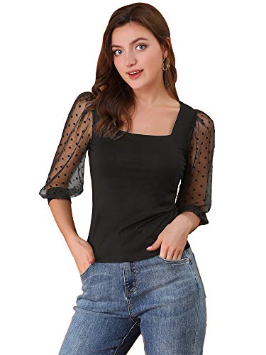 Allegra K Women's Retro Square Neck Tops Slim Fit Semi Sheer