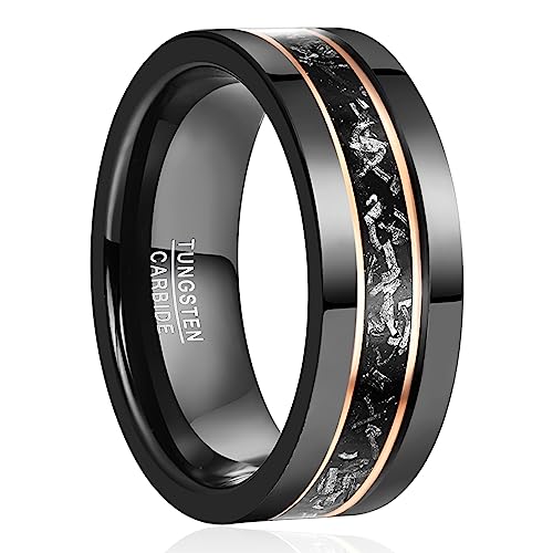 NUNCAD 8 mm Anillo Negro para Hombres Facetado Anillo de Boda de Tungsteno con Borde Martillado, Hoja de Oro e Incrustación de Meteorito Talla 22 NUNCAD 8 mm Anillo Negro para Hombres Facetado Anillo de Boda de Tungsteno con Borde Martillado, Hoja de Oro e Incrustación de Meteorito Talla 22