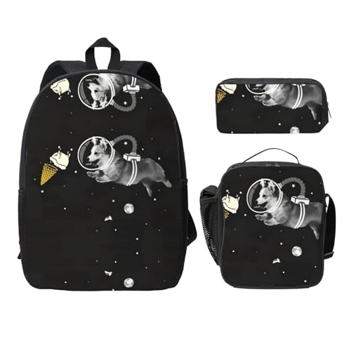 Sac à dos Space Corgi EdWal (lot de 3) avec trousse à déjeuner et sac à livres noir