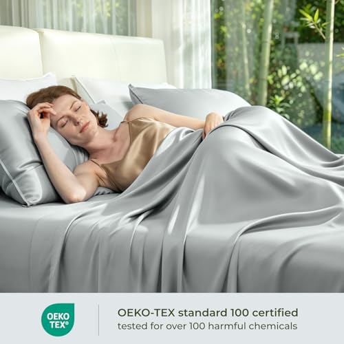 Image of BEDELITE Bamboo Viscose Sheet Set, Queen Size, 4 Pieces, Grey | 100% Organically Grown, 18 Inch Deep Pocket, All Round Elastic & Corner Straps, Luxury Silky Cooling Sheets for Hot Sleepers